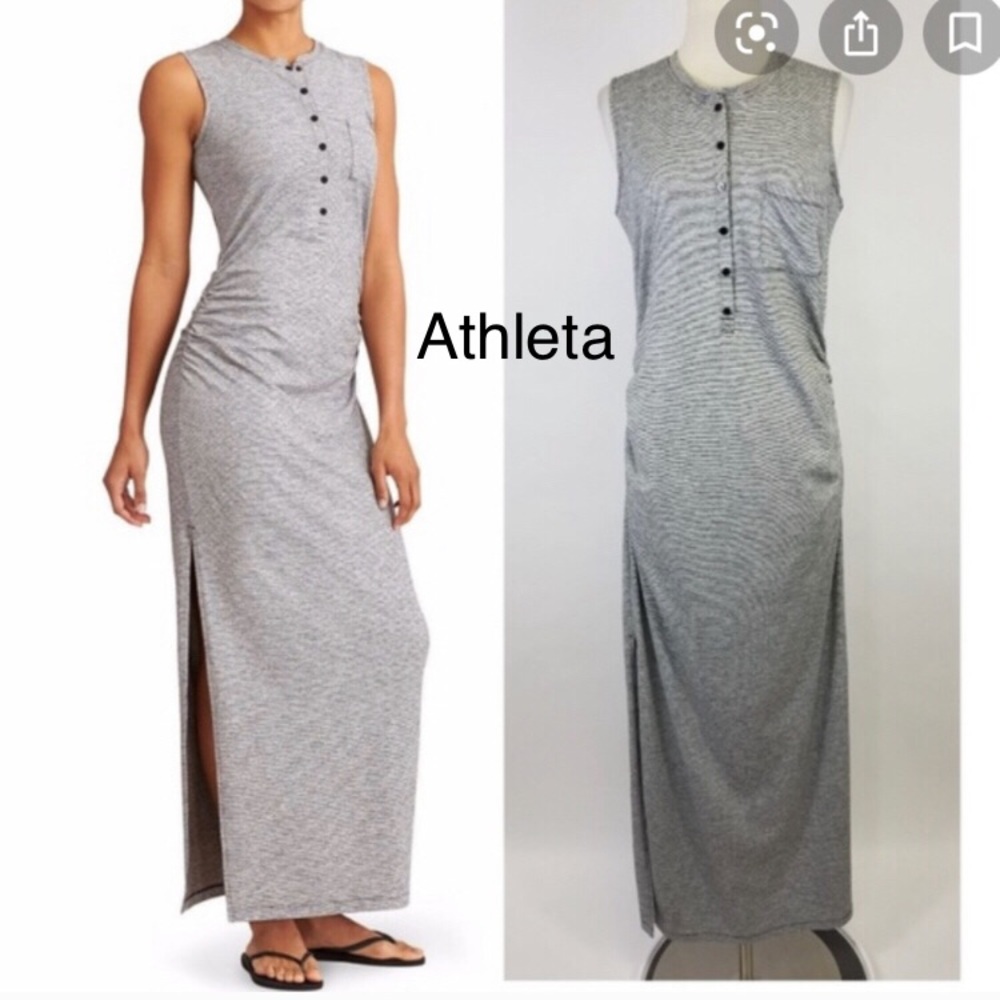 Athleta Microstripe Rib Henley Maxi Dress